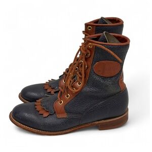 Vintage Justin Lacer Roper Kiltie Blue Brown Cowgirl Western Boots Women's‎ 6 B